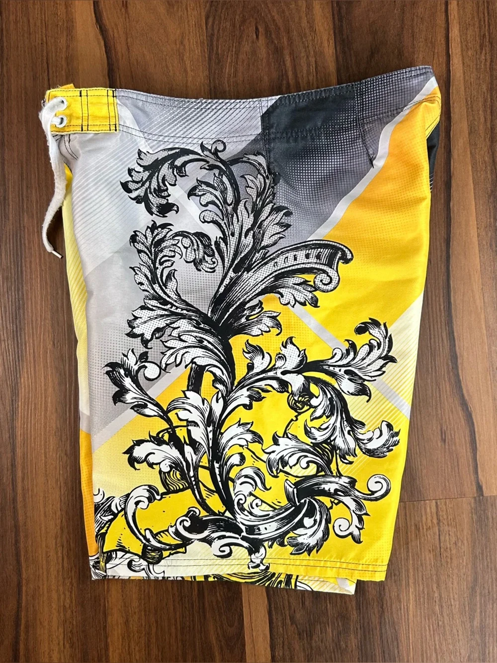 Vintage Y2K OP Men’s Yellow & Gray Baroque-Print Swim Shorts